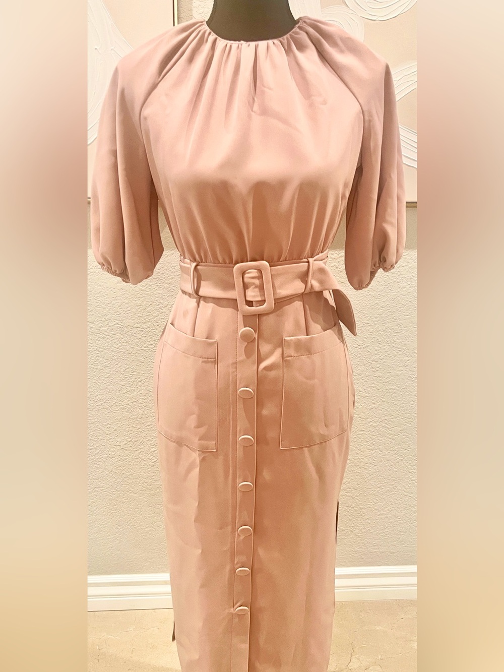 ASOS Blush Pink Belted Button-Front Midi Dress